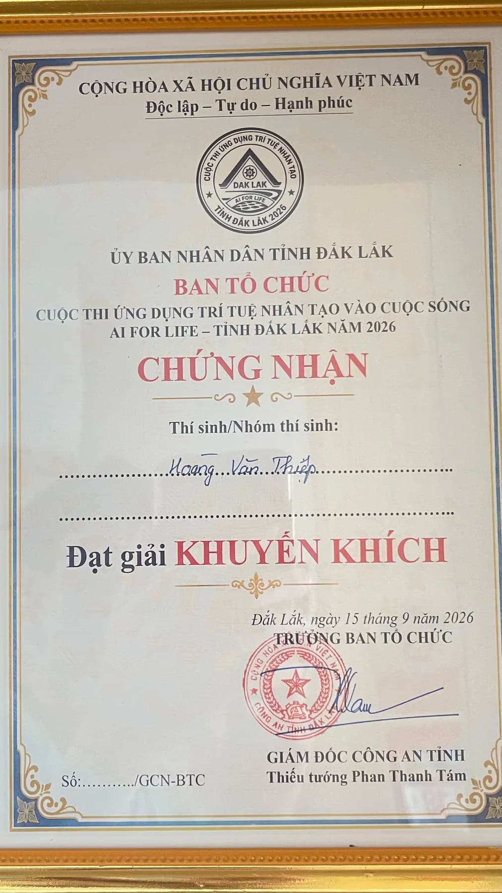 Giấy chứng nhận Sầu Riêng App đạt giải Khuyến khích AI For Life Đắk Lắk 2026